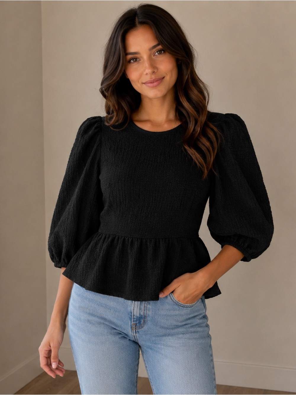 Lipsy London Black Textured Peplum Top Size‎ 0 Puff Sleeve Blouse